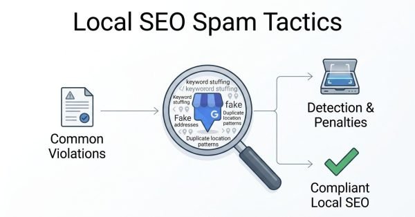 Infographic titled Local SEO Spam Tactics showing Common Violations audited through a central magnifying glass inspecting a Google Business listing filled with keyword stuffing, fake addresses, and duplicate location patterns, which branches into two outcomes: Detection & Penalties represented by an open laptop scanner or Compliant Local SEO represented by a green checkmark.