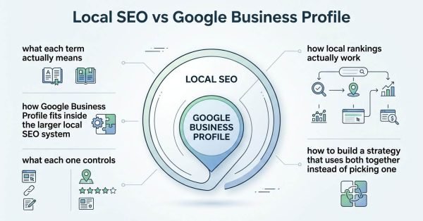 Infographic titled Local SEO vs Google Business Profile illustrating what each term means, how Google Business Profile fits inside the larger local SEO system, what each one controls, how local rankings work, and how to build a unified strategy around a central nested sphere diagram.