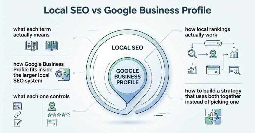 Infographic titled Local SEO vs Google Business Profile illustrating what each term means, how Google Business Profile fits inside the larger local SEO system, what each one controls, how local rankings work, and how to build a unified strategy around a central nested sphere diagram.