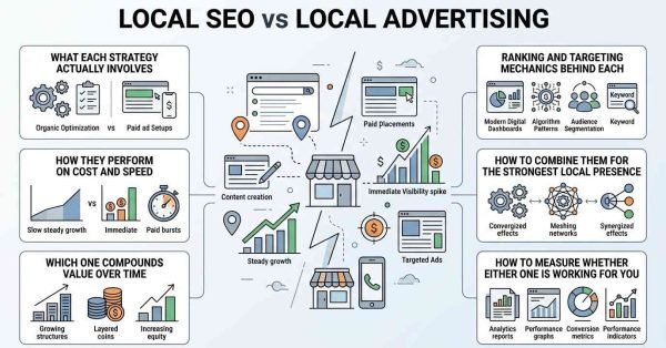 Infographic titled LOCAL SEO vs LOCAL ADVERTISING comparing strategy scope, cost and speed performance, long-term equity compounding, ranking and targeting mechanics, omni-channel combination models, and performance tracking around a central storefront split between organic growth and paid ad bursts.