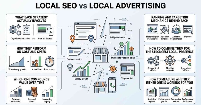 Infographic titled LOCAL SEO vs LOCAL ADVERTISING comparing strategy scope, cost and speed performance, long-term equity compounding, ranking and targeting mechanics, omni-channel combination models, and performance tracking around a central storefront split between organic growth and paid ad bursts.
