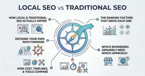 Infographic titled LOCAL SEO vs TRADITIONAL SEO comparing fundamental differences, ranking factors, business suitability, costs, timelines, and decision paths around a central directional navigation compass.