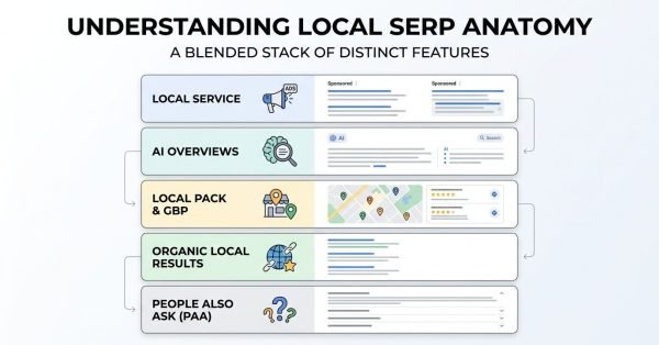 Infographic titled UNDERSTANDING LOCAL SERP ANATOMY: A BLENDED STACK OF DISTINCT FEATURES detailing the vertical layout of a local search engine results page: Local Service ads at the top, followed by AI Overviews, Local Pack & GBP, Organic Local Results, and People Also Ask (PAA) at the bottom.
