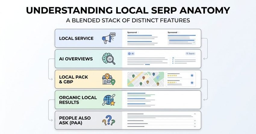 Infographic titled UNDERSTANDING LOCAL SERP ANATOMY: A BLENDED STACK OF DISTINCT FEATURES detailing the vertical layout of a local search engine results page: Local Service ads at the top, followed by AI Overviews, Local Pack & GBP, Organic Local Results, and People Also Ask (PAA) at the bottom.