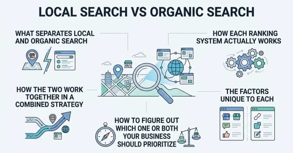 Infographic titled LOCAL SEARCH VS ORGANIC SEARCH illustrating five strategic modules: What Separates Local and Organic Search, How Each Ranking System Actually Works, How the Two Work Together in a Combined Strategy, How to Figure Out Which One or Both Your Business Should Prioritize, and The Factors Unique to Each around a central city map and global web network hub.