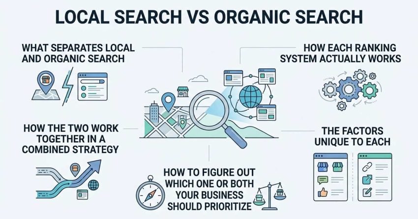 Infographic titled LOCAL SEARCH VS ORGANIC SEARCH illustrating five strategic modules: What Separates Local and Organic Search, How Each Ranking System Actually Works, How the Two Work Together in a Combined Strategy, How to Figure Out Which One or Both Your Business Should Prioritize, and The Factors Unique to Each around a central city map and global web network hub.