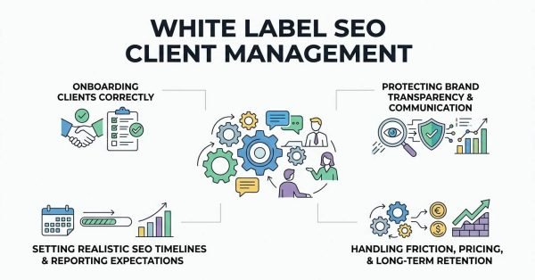 Infographic titled White Label SEO Client Management outlining correct client onboarding, brand protection, realistic timelines, and retention strategies.