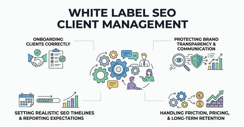 Infographic titled White Label SEO Client Management outlining correct client onboarding, brand protection, realistic timelines, and retention strategies.