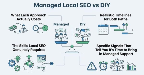 Infographic titled Managed Local SEO vs DIY comparing direct agency costs, realistic timelines, required local SEO skills, and trigger signals to hire agency support around a central balance scale weighing an agency team against an overwhelmed solo business owner.