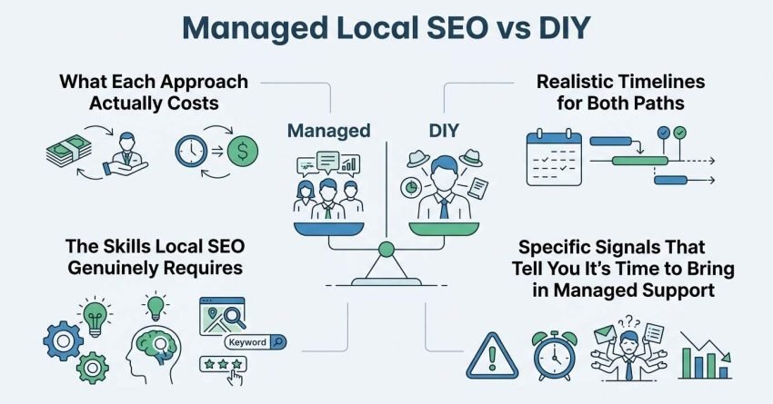 Infographic titled Managed Local SEO vs DIY comparing direct agency costs, realistic timelines, required local SEO skills, and trigger signals to hire agency support around a central balance scale weighing an agency team against an overwhelmed solo business owner.