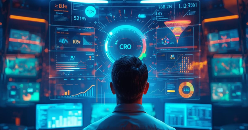 Marketer analyzing a futuristic dashboard with real-time conversion metrics and data visualizations.