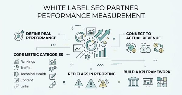 Infographic titled White Label SEO Partner Performance Measurement outlining performance definition, core metric categories, red flags in reporting, revenue alignment, and KPI frameworks.