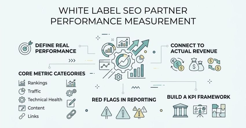 Infographic titled White Label SEO Partner Performance Measurement outlining performance definition, core metric categories, red flags in reporting, revenue alignment, and KPI frameworks.