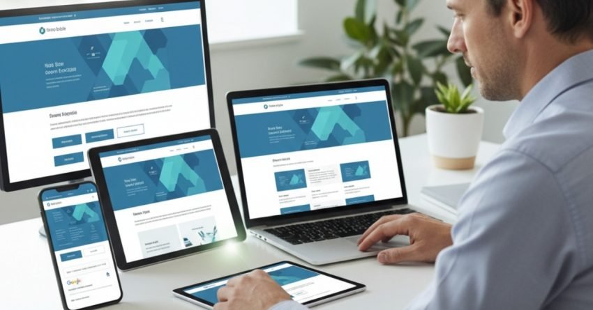 Realistic photo of a web designer optimizing a mobile-first and responsive website for SEO using multiple devices.