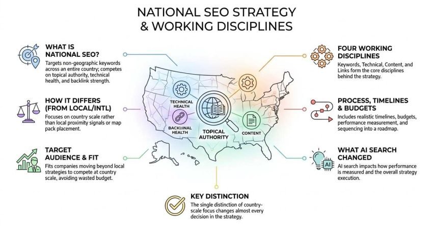 National SEO strategy and working disciplines infographic showing a United States map overlay with four core pillars: technical health, backlink health, topical authority, and content, flanked by guidance on differentiation from local SEO, budgeting, and AI search impacts.
