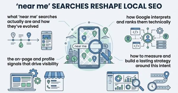 Infographic titled 'near me' SEARCHES RESHAPE LOCAL SEO detailing the evolution of near me queries, technical ranking interpretation, on-page and profile visibility signals, and measurement strategies around a central mobile map search interface.