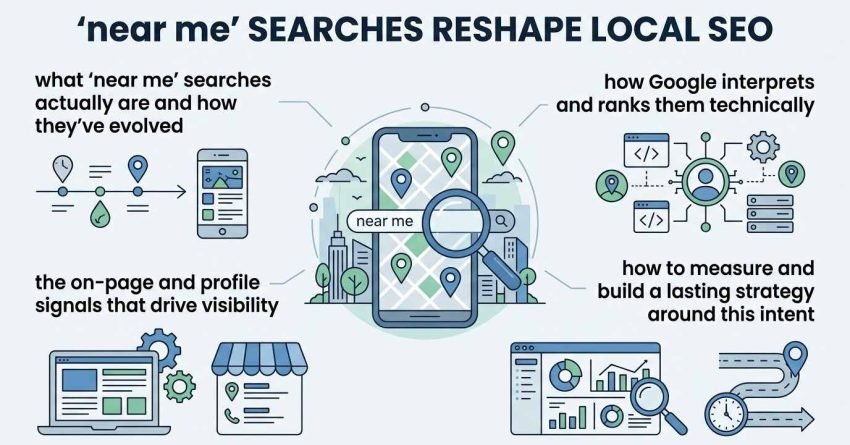 Infographic titled 'near me' SEARCHES RESHAPE LOCAL SEO detailing the evolution of near me queries, technical ranking interpretation, on-page and profile visibility signals, and measurement strategies around a central mobile map search interface.