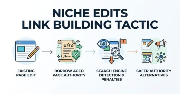 Niche edits link building tactic infographic, contextual link insertions, existing page edit, borrow aged page authority, search engine detection and penalties, link insertion risks, safer authority alternatives, off-page SEO SOP.