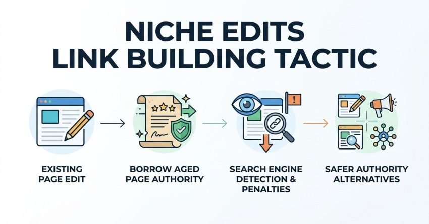 Niche edits link building tactic infographic, contextual link insertions, existing page edit, borrow aged page authority, search engine detection and penalties, link insertion risks, safer authority alternatives, off-page SEO SOP.