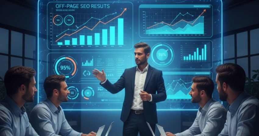 SEO experts discussing off-page strategies and backlink reports in a modern digital agency