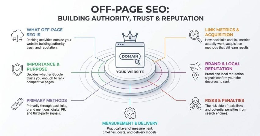 Off-page SEO framework infographic illustrating how activities outside a website—such as backlinks, brand mentions, digital PR, and local reputation—build domain authority, trust, and rankings while managing risks and penalties.