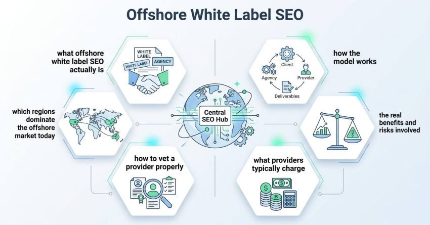 Infographic titled Offshore White Label SEO mapping market definition, regional hubs, operational workflows, risk-benefit balances, provider vetting, and typical pricing structures around a Central SEO Hub.