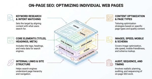 On-page SEO infographic illustrating an isometric layered webpage breakdown, highlighting keyword intent matching, core HTML elements, internal links, content optimization, media speed, schema markup, and audit sequencing.