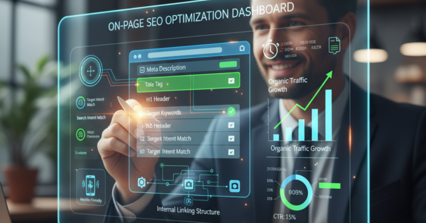 Digital marketer analyzing on-page SEO optimization dashboard showing keyword performance, meta tags, and organic traffic growth