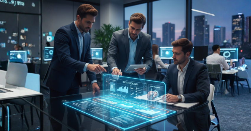 Three male business professionals in a modern office, collaborating around a holographic display showing "Outsourcing" metrics and "Best Practices" for SEO services.