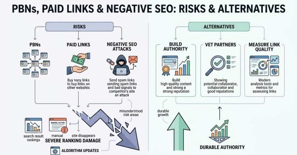 Infographic titled PBNS, PAID LINKS & NEGATIVE SEO: RISKS & ALTERNATIVES divided into two sides: Risks on the left (PBNs, Paid Links, Negative SEO Attacks causing severe ranking damage, manual action penalties, and site disappearance via algorithm updates) and Alternatives on the right (Build Authority, Vet Partners, Measure Link Quality driving durable growth and authority).