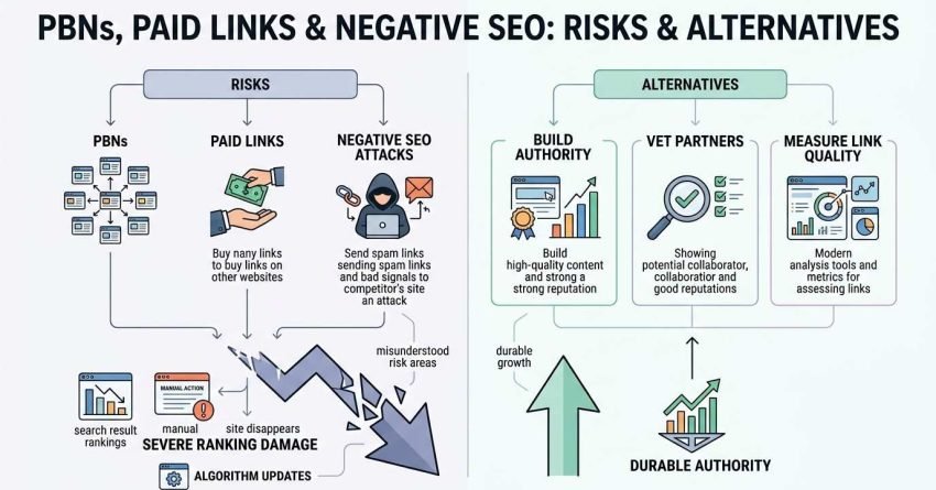 Infographic titled PBNS, PAID LINKS & NEGATIVE SEO: RISKS & ALTERNATIVES divided into two sides: Risks on the left (PBNs, Paid Links, Negative SEO Attacks causing severe ranking damage, manual action penalties, and site disappearance via algorithm updates) and Alternatives on the right (Build Authority, Vet Partners, Measure Link Quality driving durable growth and authority).