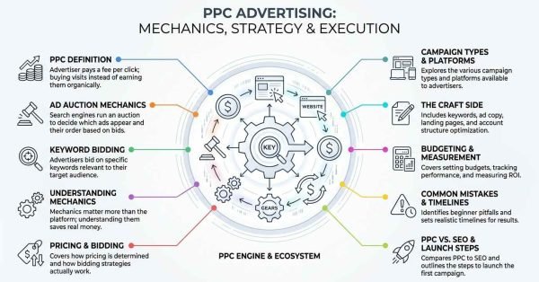 PPC advertising mechanics, strategy, and execution infographic detailing the core paid search engine and ecosystem, from ad auction dynamics and keyword bidding to budget measurement and launch steps.