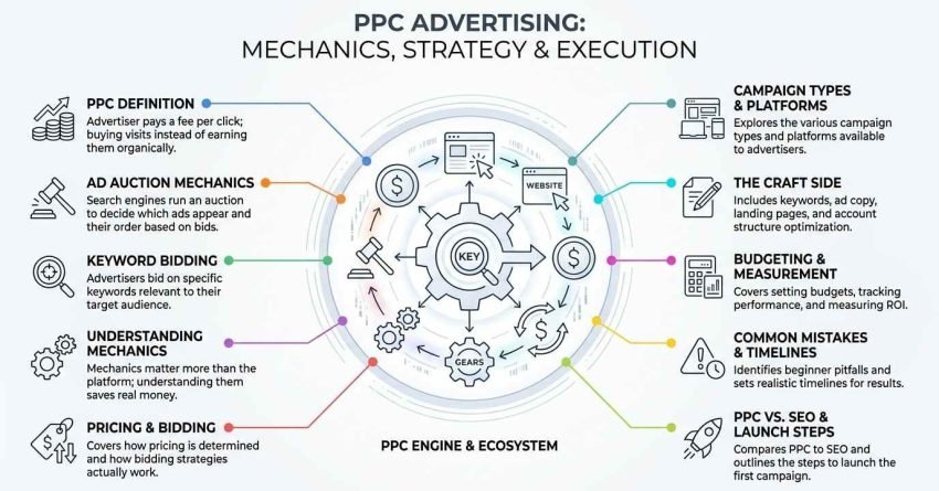 PPC advertising mechanics, strategy, and execution infographic detailing the core paid search engine and ecosystem, from ad auction dynamics and keyword bidding to budget measurement and launch steps.