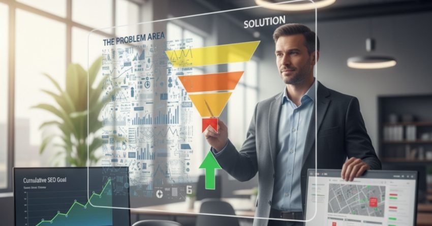 Business analyst reviewing data dashboards and conversion funnel, representing performance tracking and analytics beyond reporting tools for actionable marketing insights.