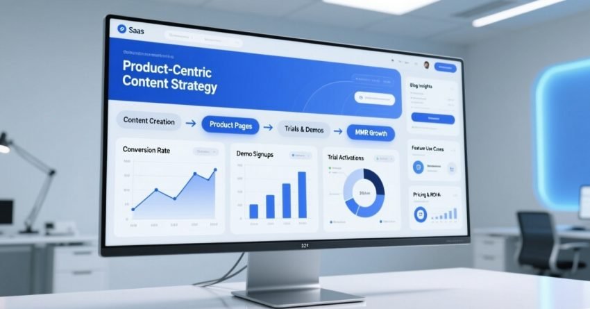 Realistic SaaS dashboard showing content-to-conversion flow from blog posts to trials and MRR growth.