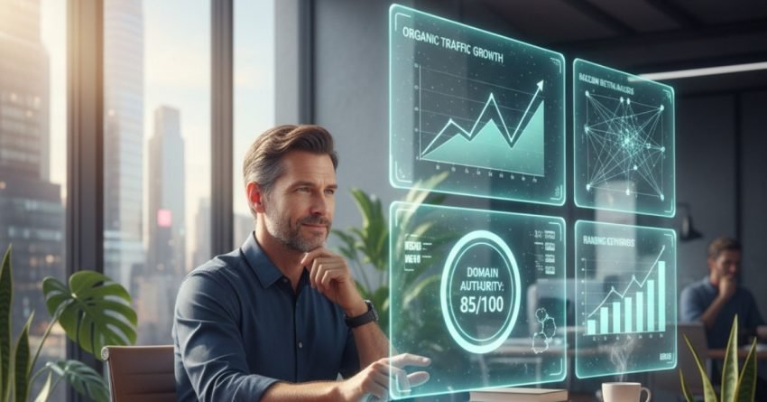 SEO expert analyzing domain authority metrics on futuristic dashboard showing organic traffic growth and website ranking performance.