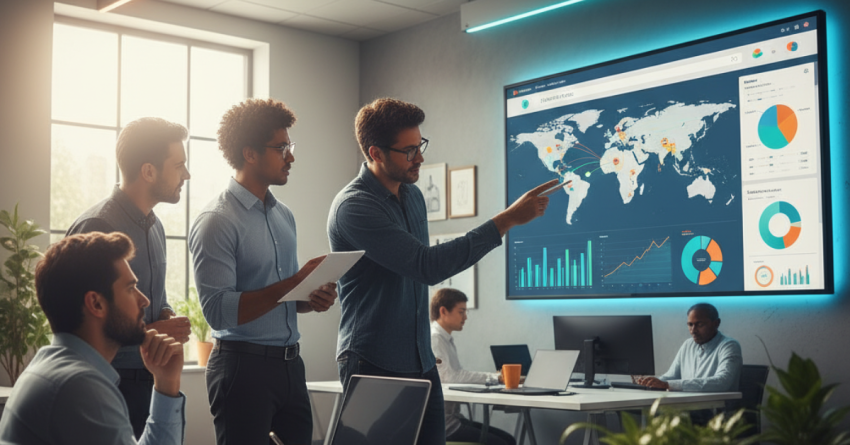 Marketing team analyzing a website traffic dashboard in a modern office environment