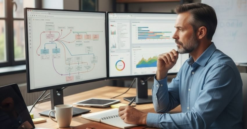 SEO specialist reviewing website sitemap and crawl budget data on dual monitors in a modern office.