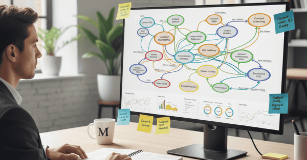 Marketer analyzing keyword cluster map and content strategy dashboard on computer in modern office