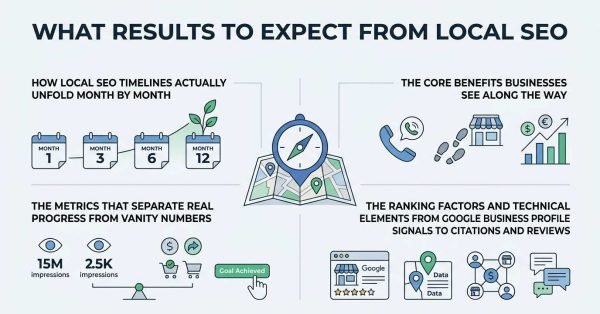Infographic titled WHAT RESULTS TO EXPECT FROM LOCAL SEO illustrating four modules: month-by-month timelines, core business benefits, vanity vs real progress metrics, and ranking factor technical elements around a central map compass hub.