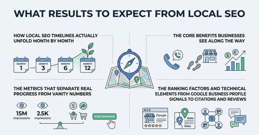 Infographic titled WHAT RESULTS TO EXPECT FROM LOCAL SEO illustrating four modules: month-by-month timelines, core business benefits, vanity vs real progress metrics, and ranking factor technical elements around a central map compass hub.