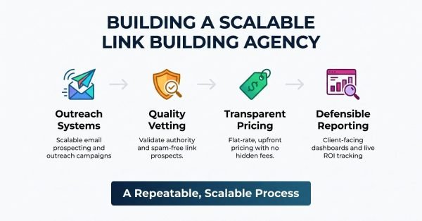 Four-step horizontal process workflow graphic outlining outreach systems, quality vetting, transparent pricing, and defensible reporting for a repeatable agency model.