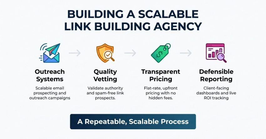 Four-step horizontal process workflow graphic outlining outreach systems, quality vetting, transparent pricing, and defensible reporting for a repeatable agency model.
