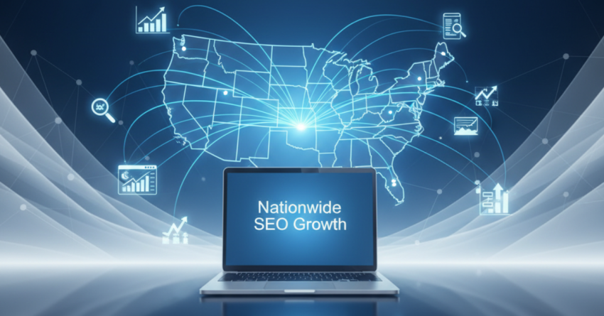 Nationwide SEO strategy expanding across the United States with digital connections and analytics representing business growth