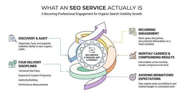 Infographic explaining what an SEO service actually is as an ongoing process, highlighting discovery, delivery disciplines, recurring engagement, and compounding monthly results around a central spiral gear.