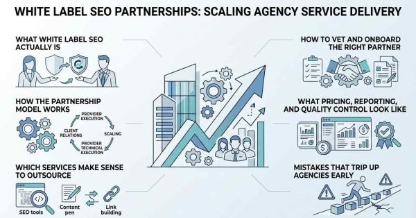Infographic titled White Label SEO Partnerships: Scaling Agency Service Delivery outlining model definitions, operational workflows, partner vetting, service selection, quality control, and early mistakes.