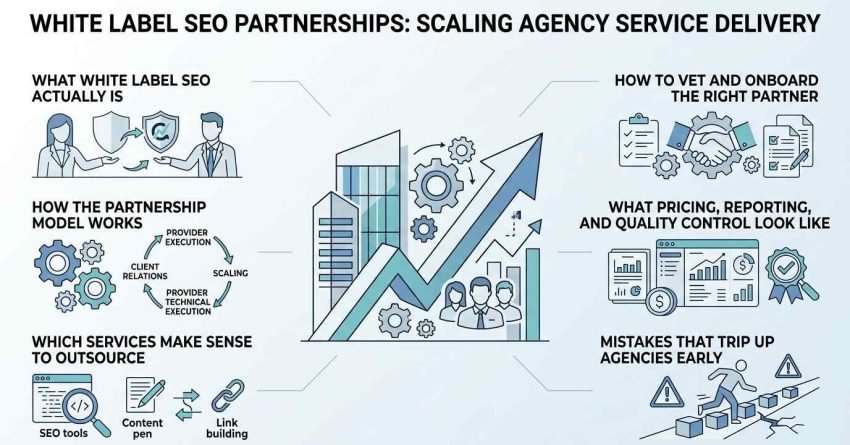 Infographic titled White Label SEO Partnerships: Scaling Agency Service Delivery outlining model definitions, operational workflows, partner vetting, service selection, quality control, and early mistakes.