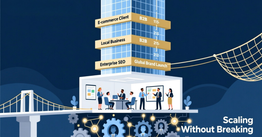 Digital marketing agency team working on white label SEO strategies, with a building symbolizing scalable client services like e-commerce, local business, and enterprise SEO, connected by a bridge to sustainable growth.