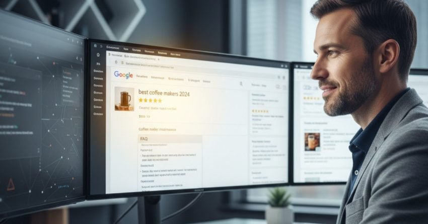 Realistic photo of an SEO expert analyzing rich snippets and structured data to boost Google click-through rate.