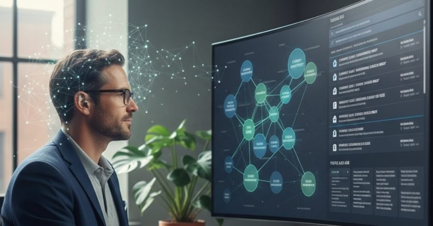 Realistic photo of an SEO strategist analyzing a semantic network and search intent data on a computer monitor.